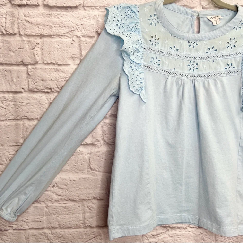 J Crew Womens Long Sleeve Eyelet Ruffle Top Size S Cotton Loose Pullover Blue